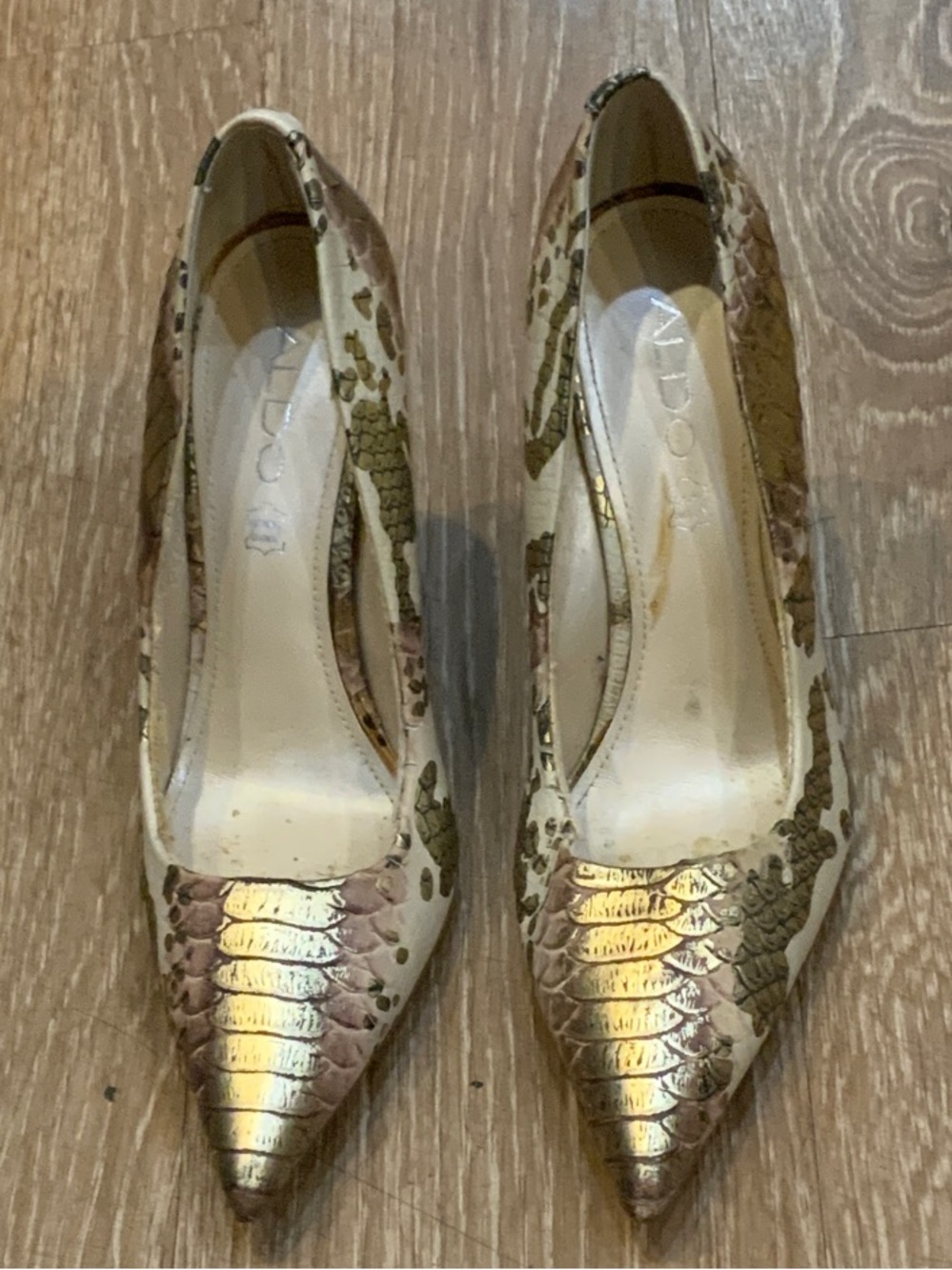 Aldo Metallic Snake-Print Pointed Toe Pumps in Gold and Tan